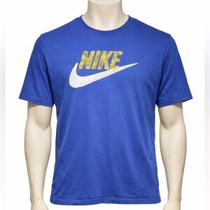 Nike Men’s Blue T-Shirt White Swoosh and Gold NIKE Text